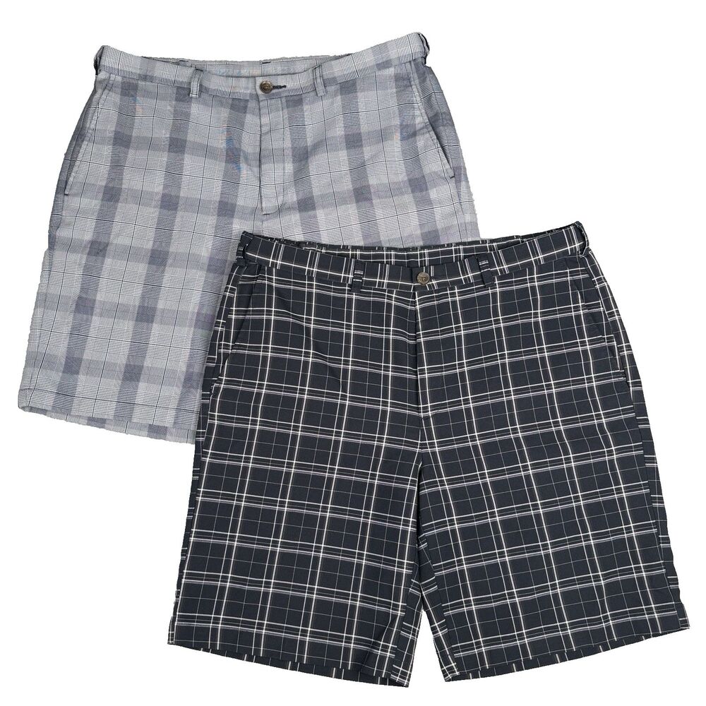 Haggar Golf Shorts Mens 38 Blue Plaid Expandable Waist Lot of 2 Casual Preppy